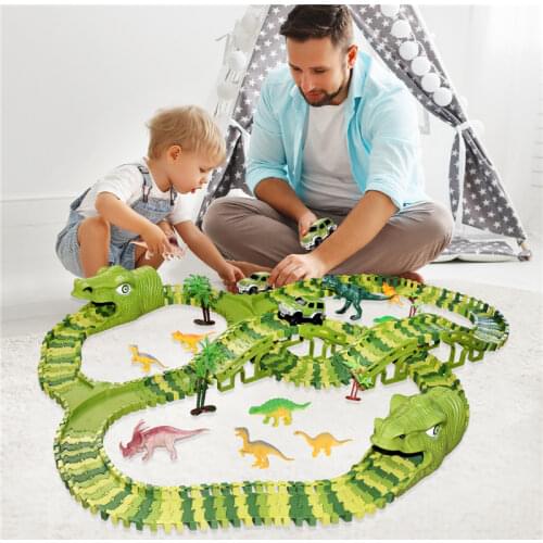 Dinosaur Railway Toy Car Kids Racing Track Toy Set Educational Bend Flexible Race Track Flash Light Car Toys For Children Boys