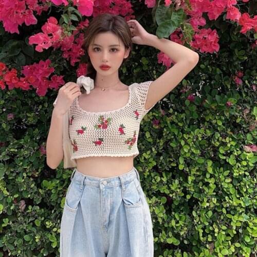 2021 Summer Short Sleeve Tshirt Women Hollow Out Transparent Sexy Short Crop Tee Plant Flowers Perspective Bottoming Shirt