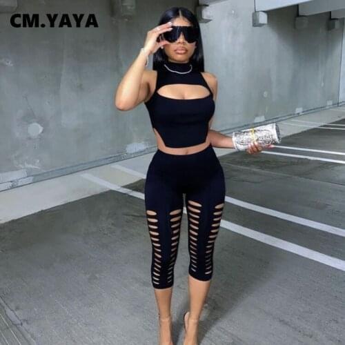 CM.YAYA Women Set Solid Sleeveless Half High Collar Crop Tops Hole Calf Length Pants Two 2 Piece Sets Fashion Outfit Summer 2021