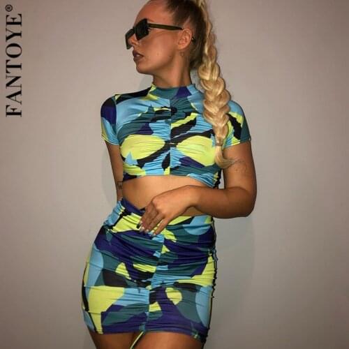 Fantoye Ruched Tie Dye Two Piece Sets Women Blue Short Sleeve Tops Mini Skirt Women Sets Summer Fashion Print Skinny Streetwear