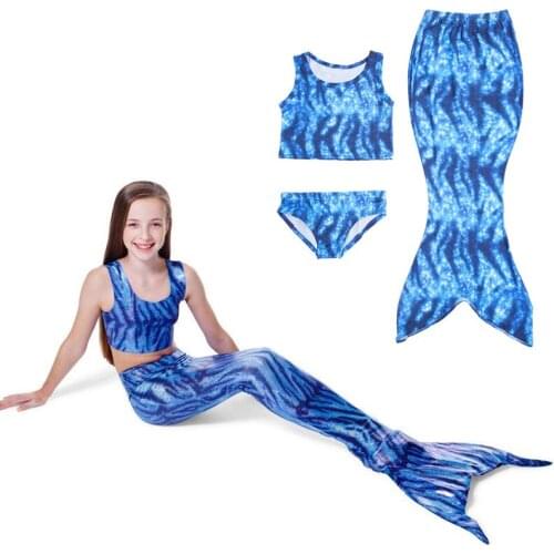 Blue Stripe Halloween/Christma Ariel Mermaid Cosplay Costumes Kids Mermaid Tails Swimming Suit Swimmable Mermaid-Tail Bikini