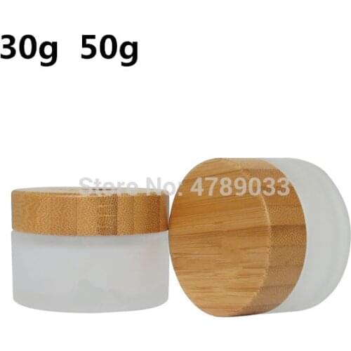 10pcs 30g 50g Bamboo Wooden Lid Glass Jar, 30ml/50ml Empty Frosted Glass Bottle Cosmetics Cream Packing Container Bamboo Lid