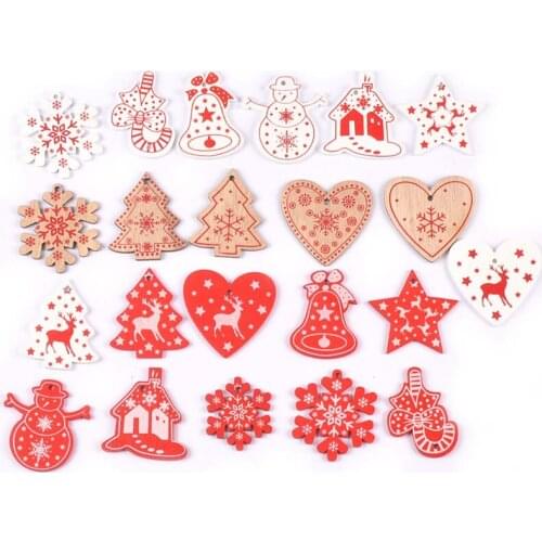 10Pcs White/Red Wooden Pendants Christmas Bell Snowflake For DIY Xmas Tree Stars Wood Crafts Hanging Ornaments Home Party Gifts