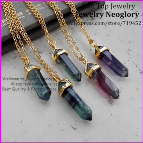 10pcs Natural Multi-Colored Fluorite Gems Stones Necklace Hexagonal Pointed Healing Reiki Chakra Pendant Beads Necklaces