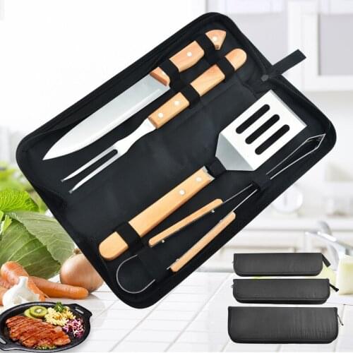2/3/4Pcs Stainless Steel Barbecue Fork Tongs Skewer Sets BBQ Roasting Grilling Tool Wooden Handle Spatula Roasting Shovel Set