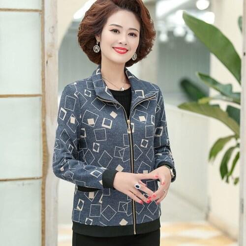 2021 Autumn Middle-aged Womens Short Coat Female Long Sleeve Zipper Pockets Jacket Casual Loose Printed Jackets Outerwear W529