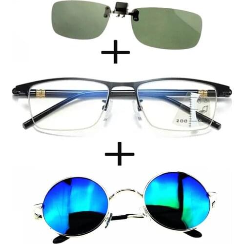3Pcs!!! Progressive Far and Near Business Reading Glasses for Men Women + Polarized Sunglasses Alloy Round + Sunglasses Clip
