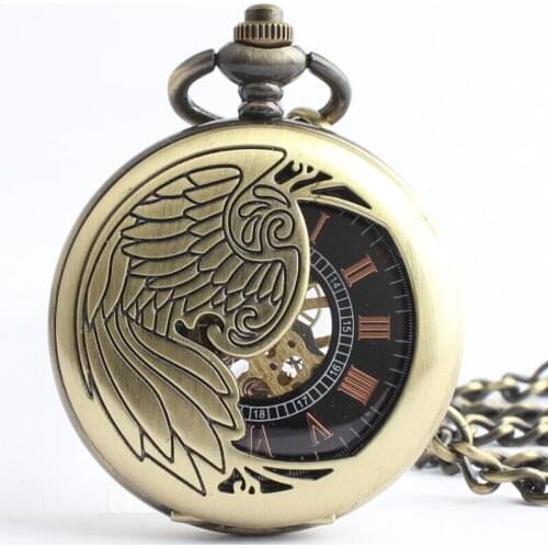 8003) Vintage Brass Wing Mechanical Pocket Watch Fob Watch, 6 pcs/lot