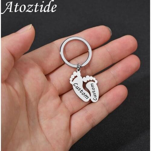 Atoztide Customized Stainless Steel Personalized Silver Color Baby Birthday Footprint Key Chain Engraving Words Jewelry Mom Gift