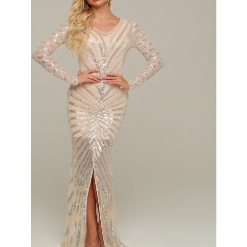 Sheath V-Neck Sequin Full Sleeves Evening Dress Elegant Striped Aircopt Slit Dress Evening Gowns for Women Party Prom Dresses