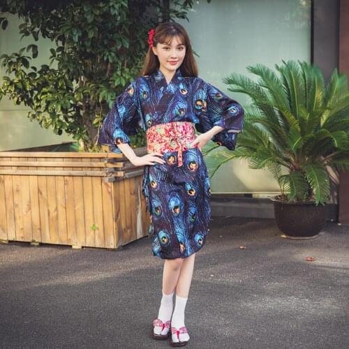 Blue Yukata 2019 Japanese Fashion Bathrobe Female Japan Robe Kimono Haori Obi Yukata Women Traditional Japanese Kimonos FF2445