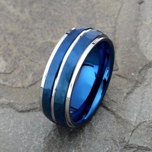8MM Mens Blue Stainless Steel Ring Double Grooved Brushed Hammered Wedding Bands Jewelry Fot Valentines Day Gifts
