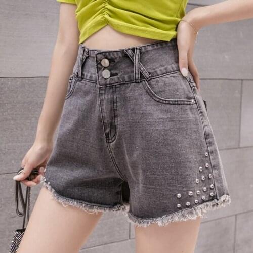 Girls 2021 Summer New Beaded Denim Shorts High Waist Wide Leg All-Match Shorts Raw Edge Thin Section Comfortable Stretch Jeans