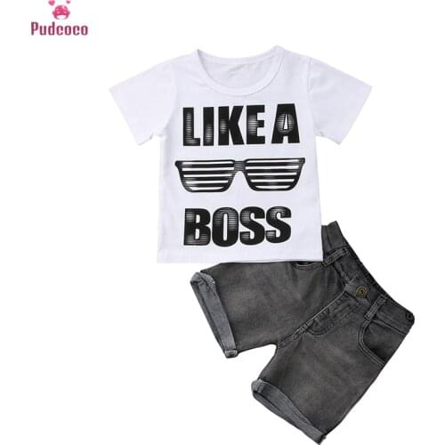 Summer 2PCS Toddler Kid Baby Boys Clothes Set Short Sleeve T-shirt + Denim Jeans Shorts Outfit Children Clothing