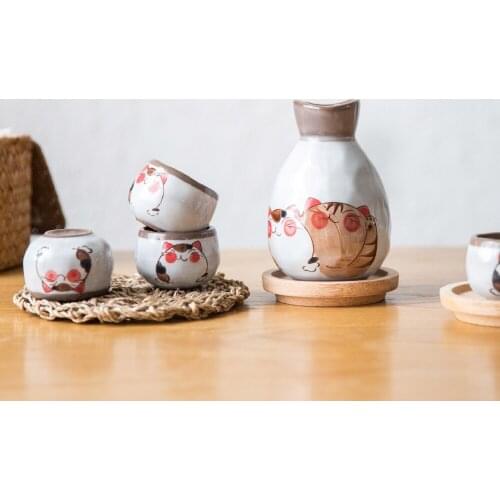 Japanese Cat Sake Set Wine Cold Bottle Modern Ceramic Sake Set Creative Vintage Cute Pattern Copas De Vino Kitchenware EI50BW