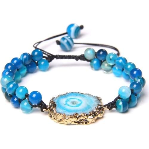Natural Lace Agates Stone Bracelet Blue Green Agates Slab Charms Pendant Connector Beaded Braided Bracelet Jewelry for Women Men