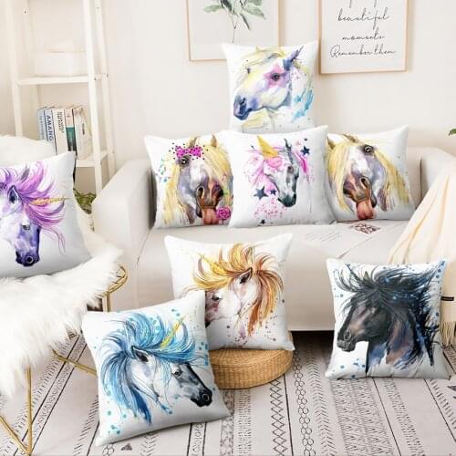 Nordic Design Watercolor Horse Linen Pillowcase Cushion Decorative Pillows Home Decor Sofa Throw Pillow Horse Cushion 17*17inch