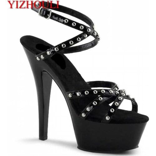 The latest sexy black rivet 15cm high heels, platform pole dance/performance/star/banquet wedding dancing shoes