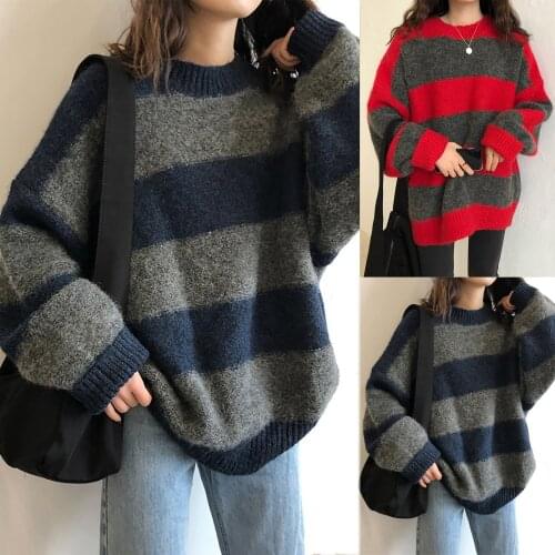 Autumn Winter Knitted Striped Sweater Women Casual Oversized Pullovers Sweaters Loose Warm Jumper Streetwear Teen Knitwear
