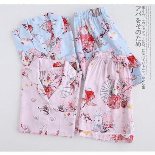 Summer Ladies Cotton Rabbit Pajamas Thin Section Cool Cotton Silk Rayon Cartoon Short Sleeve Shorts Sleepwear Home Service Suit