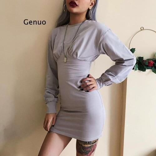 Dresses Summer 2021 Ladies Autumn Womens New Long-Sleeved Round Neck Retro Bag Hip Slim Slim Dress Short Skirt