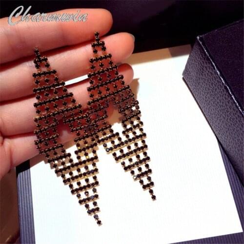 Charmwin New Statement Dangle Earrings Long Earrings For Women Exaggerated Black Rhinestone Earrings Women PE1930