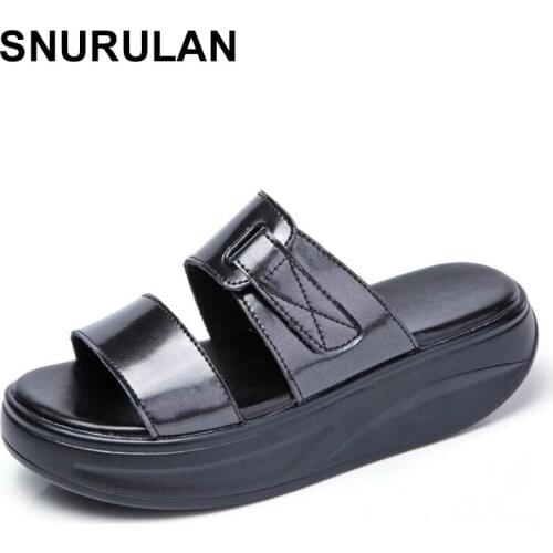 SNURULANWomen platform slippers summer shoes 2020 genuine leather retro ladies shoes mother handmade summer slippers female shoe