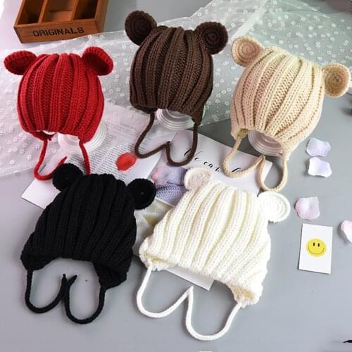 Newborn Boys Girl Warm Bear Ears Beanie Hat Baby Kids Cute Bobble Cap Infant Baby Soft Knitted Winter Warm Toddler String Hats