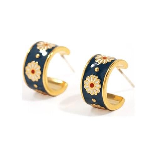 Vintage Elegant Cute Daisy Jewelry C Shape S925 Needle Copper Enamel Glaze Flower Earrings Good GIft Female Accessories