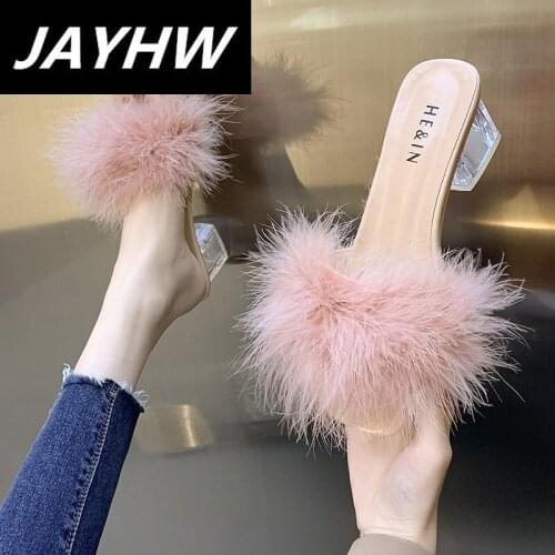 Women Shoes Transparent Crystal High Heels Womens Feather Sandals Open Toe Womens Square Toe Shoes Slippers Beach Shoes Woman
