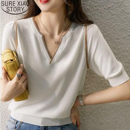 2021 Summer Fashion V-neck Short Sleeve Shirt Casual Knit Shirts Women Blouses Office Lday Tops Loose Clothes Blusas Mujer 15456