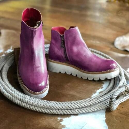 Womens Ankle Boots Ladies Retro Thick Bottom Side Zipper Round Toe Flat Platform Females Comfort Outdoor Shoes Plus Size 35-43