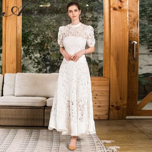 White Dress Women 2021 Spring Summer New Small Round Neck Short Sleeved Solid Color Patchwork Hollow Out Lace Maxi Dress Long