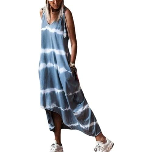 Women Fashion Striped Tie-dye Print Dress Summer Sleeveless Irregular Hem Dress for Ladies