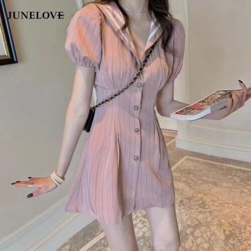 JuneLove Sailor Vollar V-neck Fashion Vestidos Puff Sleeve New Korean Womens Clothing Summer Dress Female Pink Striped Dress