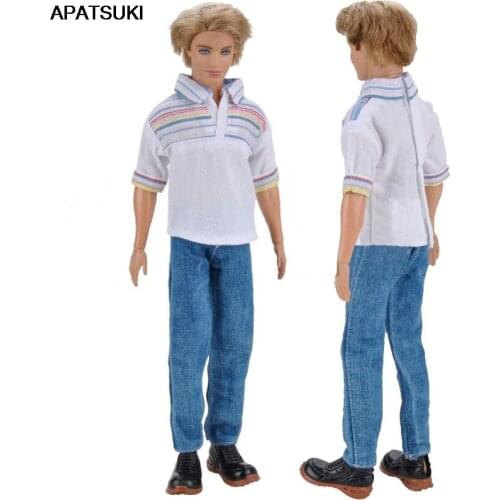 1set 1/6 Doll Clothes White Rainbow Polo Shirt & Jeans Pants For Ken Doll Clothes For Barbies Boyfriend Ken Prince Boy Doll