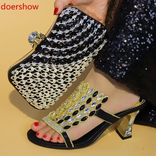 Doershow Italian Shoes with Matching Bags Italian Design BLACK African Nigeria Shoes and Bag Set for Parties for Women SJU1-2