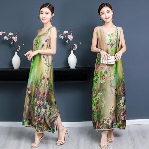 Elegant chiffon Silk Dress 2019 Summer Casual Vintage Sleeveless o-Neck Women Dresses Fashion Loose Print Dresses Vestidos
