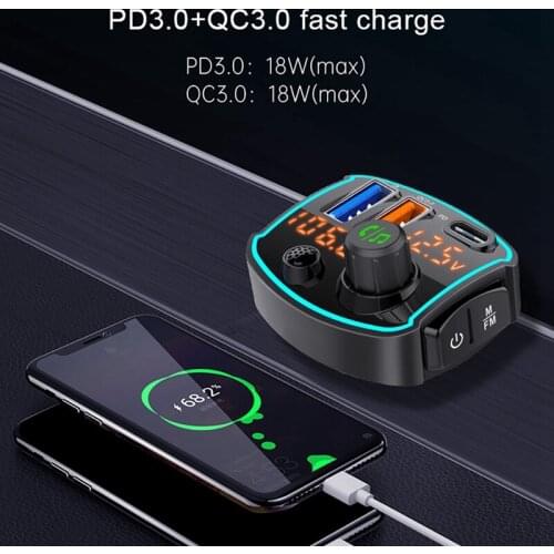 FM Transmitter Bluetooth 5.0 Car MP3 Player Wireless Handsfree Car Kit with Type-C PD QC3.0 Quick Charge Support Siri