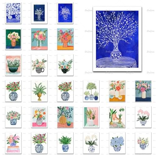 China Ceramic Vase Delft Painting Indigo Navy Posters Watercolor Wildflowers Colorful Vase Boho Home Decor Canvas Wallart Prints