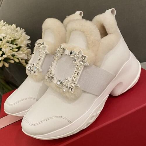 Diamond Woman Shoes Fur White Sports Shoes Women Casual Sneakers Women Thick Bottom Breathable Zapatos De Mujer Buckle Round Toe