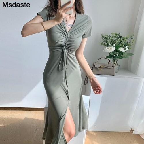 Summer Dress Women Summer V-neck Slip Holiday Shirring Dress Elastic Stretchy Mid-calf Vestidos Mujer Party Bodycon Party Dress