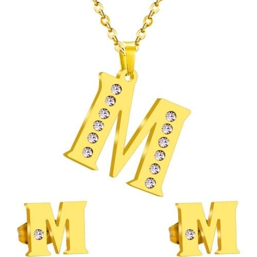LUXUKISSKIDS Vintage Stainless Steel Initial Alphabet M Letter Jewelry Set Classic Style Bling Crystal Gold Necklace And Earring