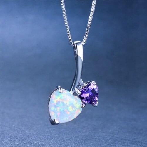 Cute Female Small Purple Heart Pendants Necklaces Boho White Blue Fire Opal Necklace Vintage Silver Color Necklaces For Women