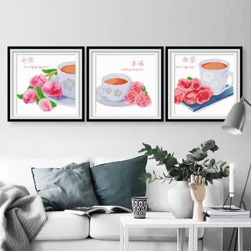 Cross stitch kits printed fabric 11ct Restaurant rose teacup triptych вышивка крестиком наборы punto de cruz
