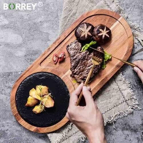 BORREY Slate Stone Steak Heating Plate Wooden Board Tray Western Dinner Plate Pizza Steak Plates For Food Sushi Dish Restaurant