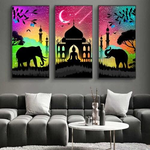 Wall Art Painting Elephant Taj Mahal Buddha Statue Three Lions in Forest and Landscape Poster Print Home Decoration Painting