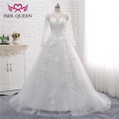 Illusion Long Sleeves O-neck Vintage Embroidery Sequined vestido novia talla grande Button Court Train Wedding Dress W0136