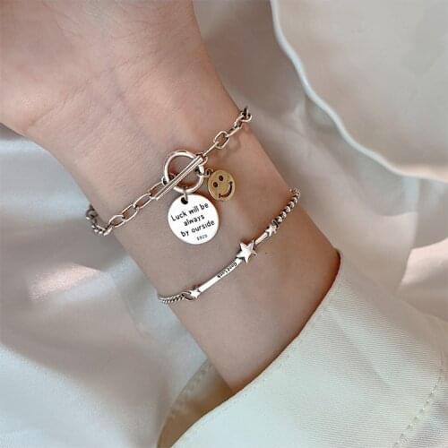 S925 Sterling Silver Thai Silver Ornament with Retro Face Lettered Bracelet round Brand Light Luxury Star Jewelry for Female