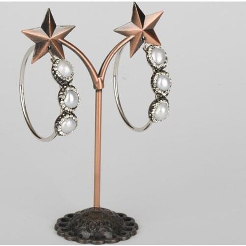 Trendy Triple Rough Irragular Freshwater Pearl Beads Pendant Pave Black Rhinestone Charm Big Round Loop Dangle Earring For Women